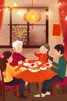 新年除夕夜团圆饭节日喜庆过年团聚一家人春节插画背景