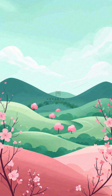 春天卡通手绘绿色的山景和开满粉红色画的树,春游,踏青,春分 春天卡通手绘绿色的山景和开满粉红色画的树,春游,踏青,春分
