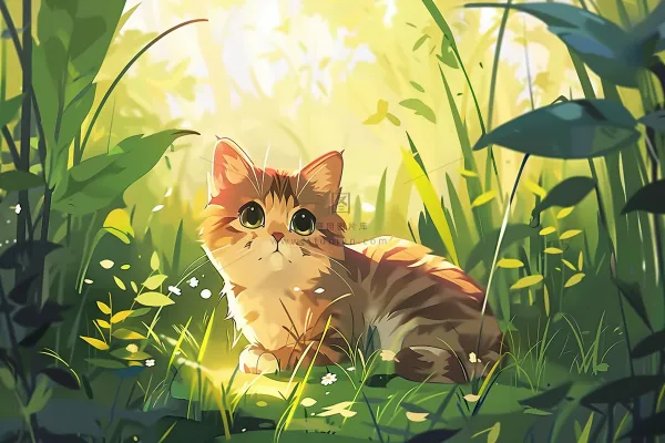 春日草丛里的猫橘猫可爱卡通插画背景 春日草丛里的猫橘猫可爱卡通插画背景