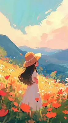 油画女孩春天踏青郊游山脉鲜花草地,春分,插画手绘 油画女孩春天踏青郊游山脉鲜花草地,春分,插画手绘