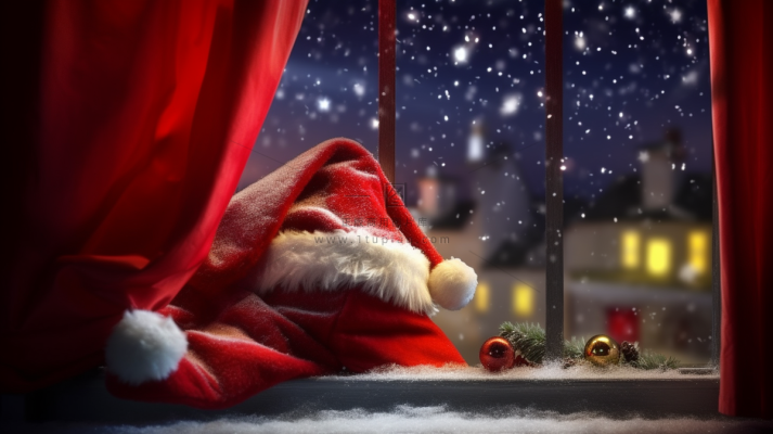 圣诞夜窗外下雪摄影图