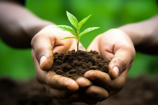 手捧树苗在土壤中嫩芽立春保护环境摄影图