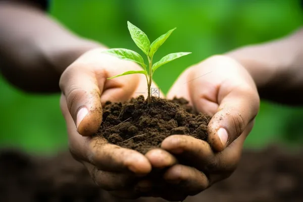 手捧树苗在土壤中嫩芽立春保护环境摄影图