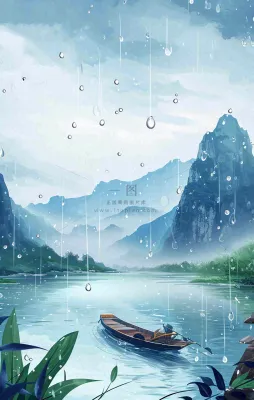 春天雨天湖面山脉小船植物花朵，雨水谷雨