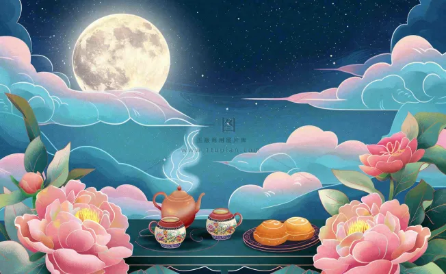 中秋晚宴赏月月饼喝茶牡丹花古风屏风祥云国潮风中国风插画背景