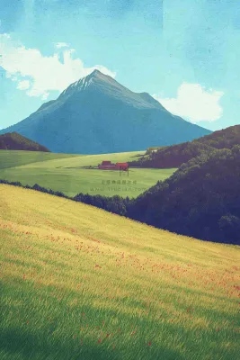 春天郊外绿地草地山脉石头插画手绘，惊蛰春分