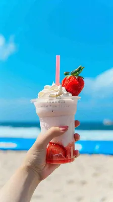 夏天阳光蓝天白云草莓饮料饮品果汁，清新摄影图