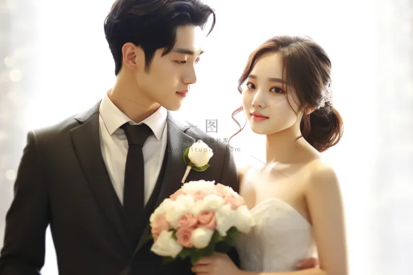 婚礼相拥的新婚夫妇摄影图