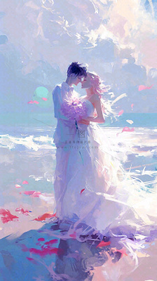 海边爱情情侣浪漫拥抱接吻，情人节婚纱照手绘插画