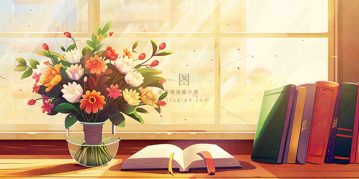 教师节办公桌窗边课本花束温馨唯美插画背景