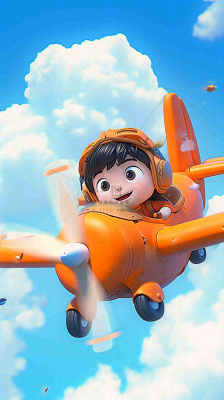 卡通少年男孩飞行飞机玩耍,可爱儿童节,天空白云 卡通少年男孩飞行飞机玩耍,可爱儿童节,天空白云