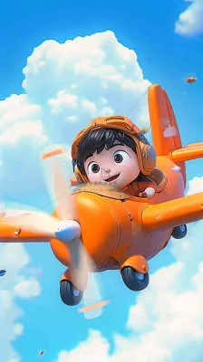 卡通少年男孩飞行飞机玩耍,可爱儿童节,天空白云 卡通少年男孩飞行飞机玩耍,可爱儿童节,天空白云