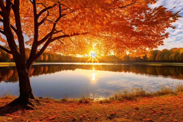 秋天在湖边的树叶红了摄影图