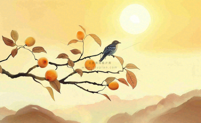 秋天柿子树枝条的小鸟夕阳西下日出金秋秋分立秋重阳插画背景