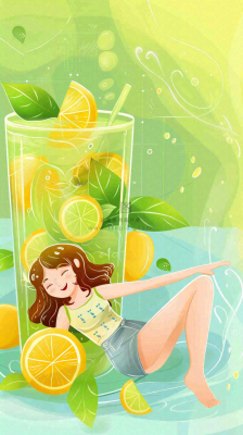 夏天创意冰饮女孩水果茶清凉插画立夏夏至背景