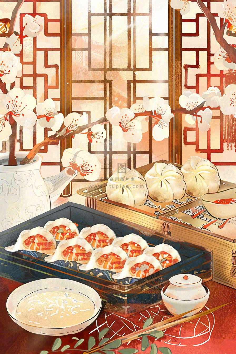 古风插画美食饺子包子梅花古风窗户冬至插画背景