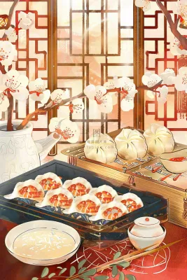 古风插画美食饺子包子梅花古风窗户冬至插画背景 古风插画美食饺子包子梅花古风窗户冬至插画背景