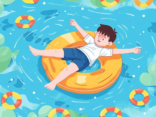 夏天游泳泳池人物游泳男孩蓝色背景泳圈夏日运动小暑大暑夏至立夏卡通插画背景 夏天游泳泳池人物游泳男孩蓝色背景泳圈夏日运动小暑大暑夏至立夏卡通插画背景