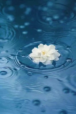 下雨天掉落在蓝色水面的白色花朵清新淡雅雨水处暑寒露摄影图