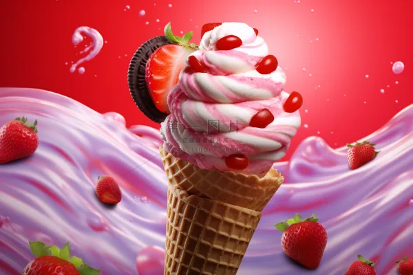 美味冰淇淋蛋筒粉色梦幻背景草莓摄影图