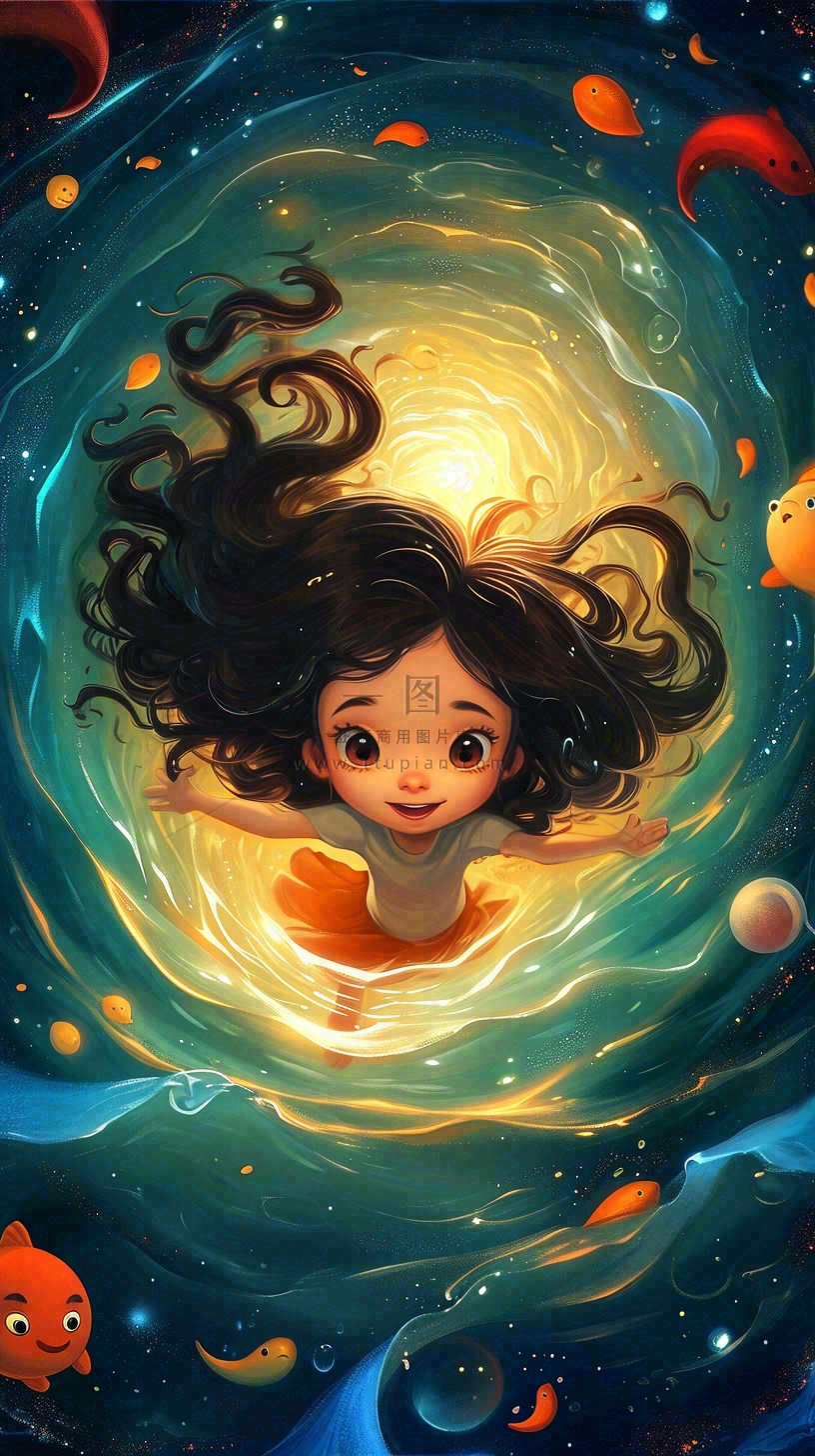 炫酷浪漫海洋海底水底可爱女孩手绘插画,鱼类水母生物