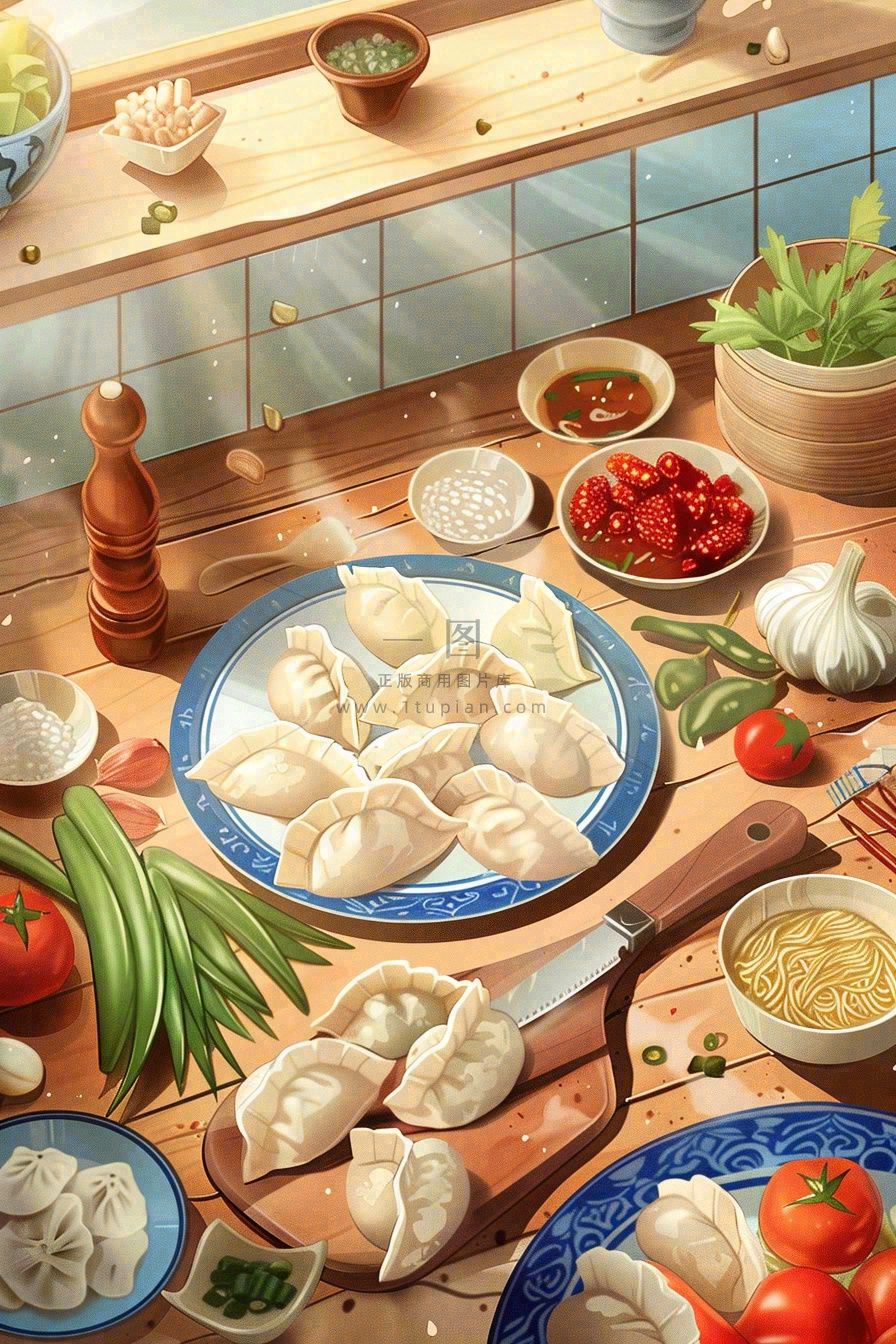 中国传统美食饺子蘸料冬天节日冬至插画背景