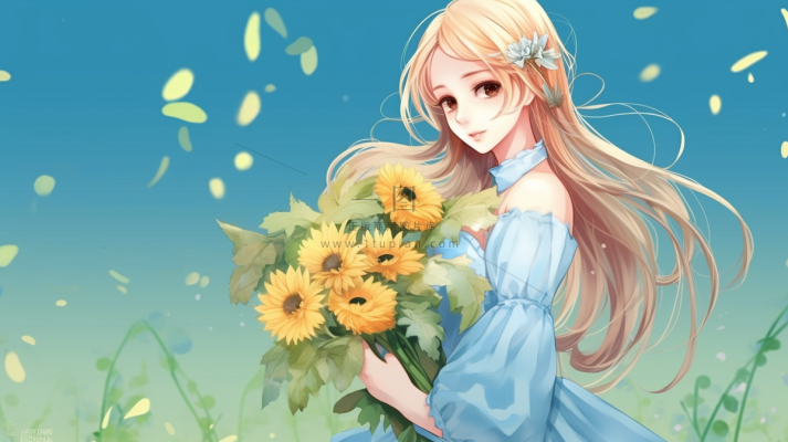 金发少女手捧向日葵花瓣卡通插画素材