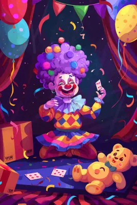 马戏团小丑表演开心紫色卡通搞怪愚人节插画背景