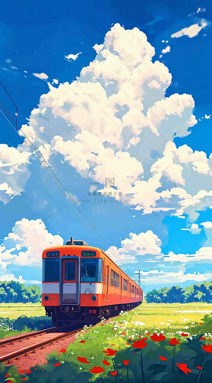 蓝天白云交通高铁铁路火车,草坪鲜花彩色插画