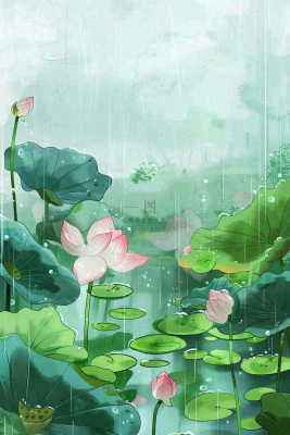 夏天雨季池塘荷花荷叶凄冷大暑处暑插画背景 夏天雨季池塘荷花荷叶凄冷大暑处暑插画背景