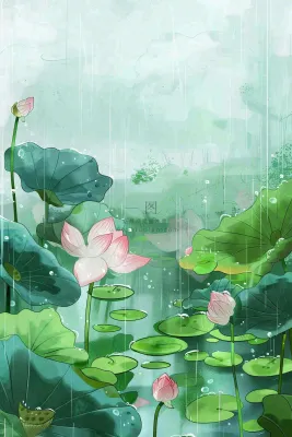 夏天雨季池塘荷花荷叶凄冷大暑处暑插画背景 夏天雨季池塘荷花荷叶凄冷大暑处暑插画背景