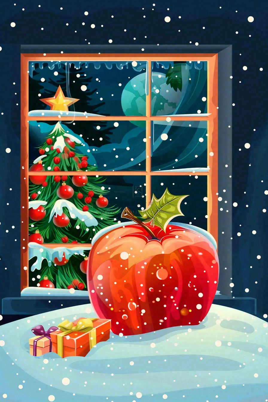 冬天寒冷的白雪红苹果屋窗户夜晚平安夜卡通插画背景