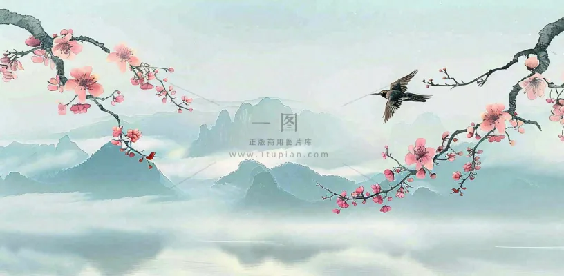 中国风水墨画山水船梅花春天春分清明插画背景 中国风水墨画山水船梅花春天春分清明插画背景