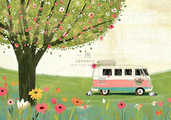 清新可爱春日郊游旅行房车粉绿蜡笔插画手绘草坪,惊蛰春分 清新可爱春日郊游旅行房车粉绿蜡笔插画手绘草坪,惊蛰春分