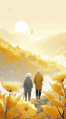 老人相伴到老，菊花黄色花朵，落日山脉