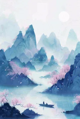 中国风水墨山水画梅花遍地开船春天春分清明插画背景