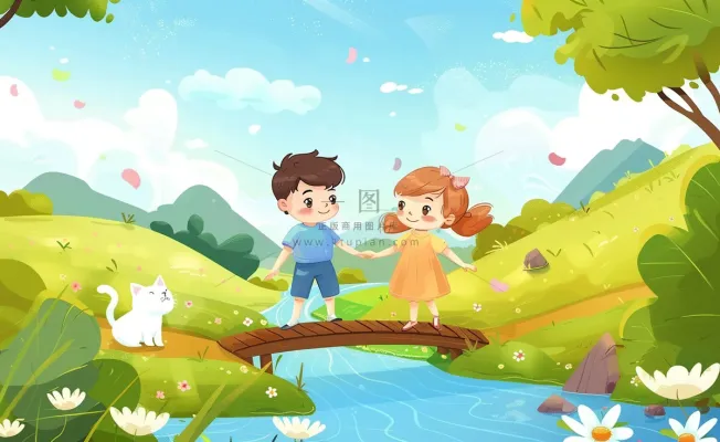 春天出游踏青森林公园小溪小桥樱花小孩宠物立春春分惊蛰绿色卡通插画背景