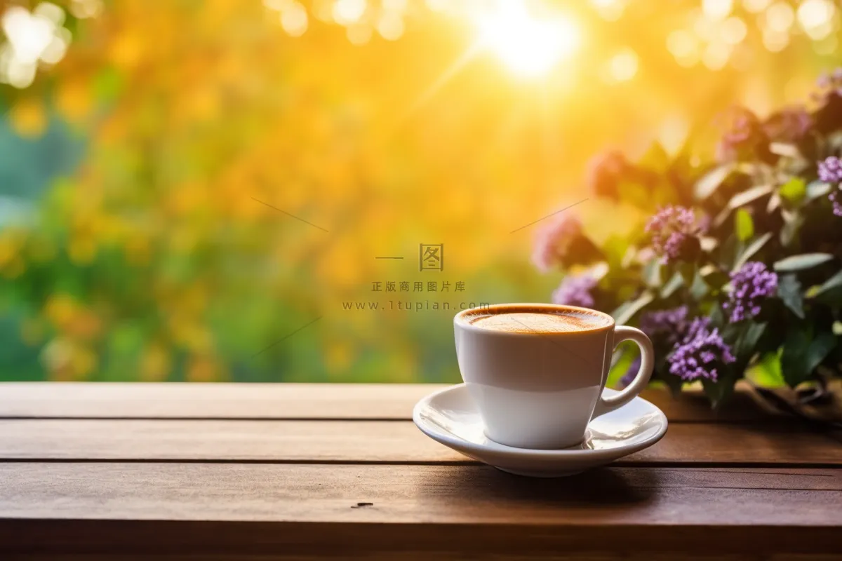 花园木桌咖啡杯阳光光影摄影图