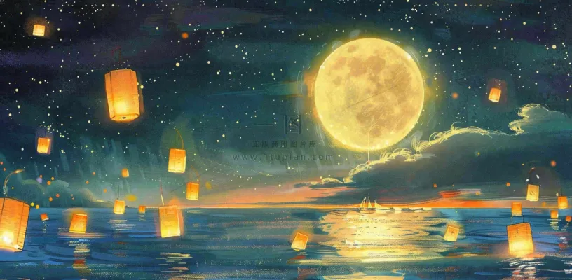 月亮中秋节河灯中元节风景唯美插画背景