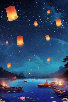 夜晚点灯孔明灯祈福中元节寒衣节插画背景 夜晚点灯孔明灯祈福中元节寒衣节插画背景