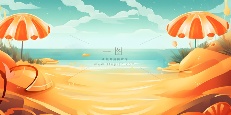 沙滩遮阳伞海洋金橘色背景