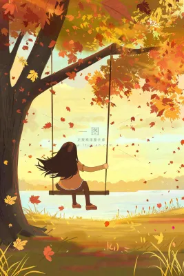秋天湖泊大树下荡秋千的女孩落叶立秋秋分卡通插画背景 秋天湖泊大树下荡秋千的女孩落叶立秋秋分卡通插画背景
