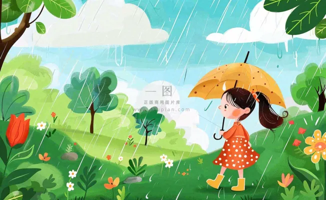 春天雨季女孩打伞在森林公园里嬉戏小草花丛鸟春游踏青雨水谷雨卡通插画背景