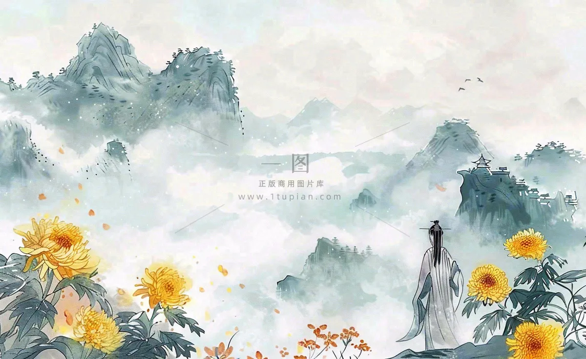 秋天古风水墨画山川菊花古风人物清明节重阳节插画背景