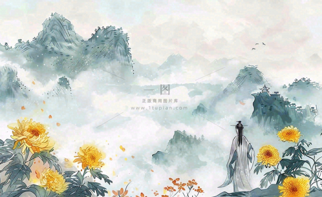 秋天古风水墨画山川菊花古风人物清明节重阳节插画背景 秋天古风水墨画山川菊花古风人物清明节重阳节插画背景