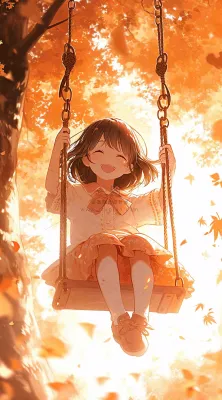 秋天秋叶少女儿童荡秋千玩耍,可爱手绘插画 秋天秋叶少女儿童荡秋千玩耍,可爱手绘插画