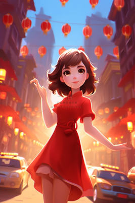 新年春节红色中式旗袍的女孩张灯结彩喜庆卡通插画插图背景 新年春节红色中式旗袍的女孩张灯结彩喜庆卡通插画插图背景