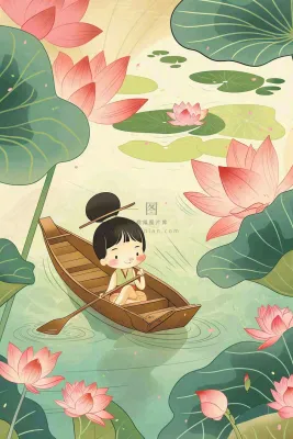 夏日荷花荷叶划船女孩古风国风插画立夏小暑大暑处暑插画背景 夏日荷花荷叶划船女孩古风国风插画立夏小暑大暑处暑插画背景