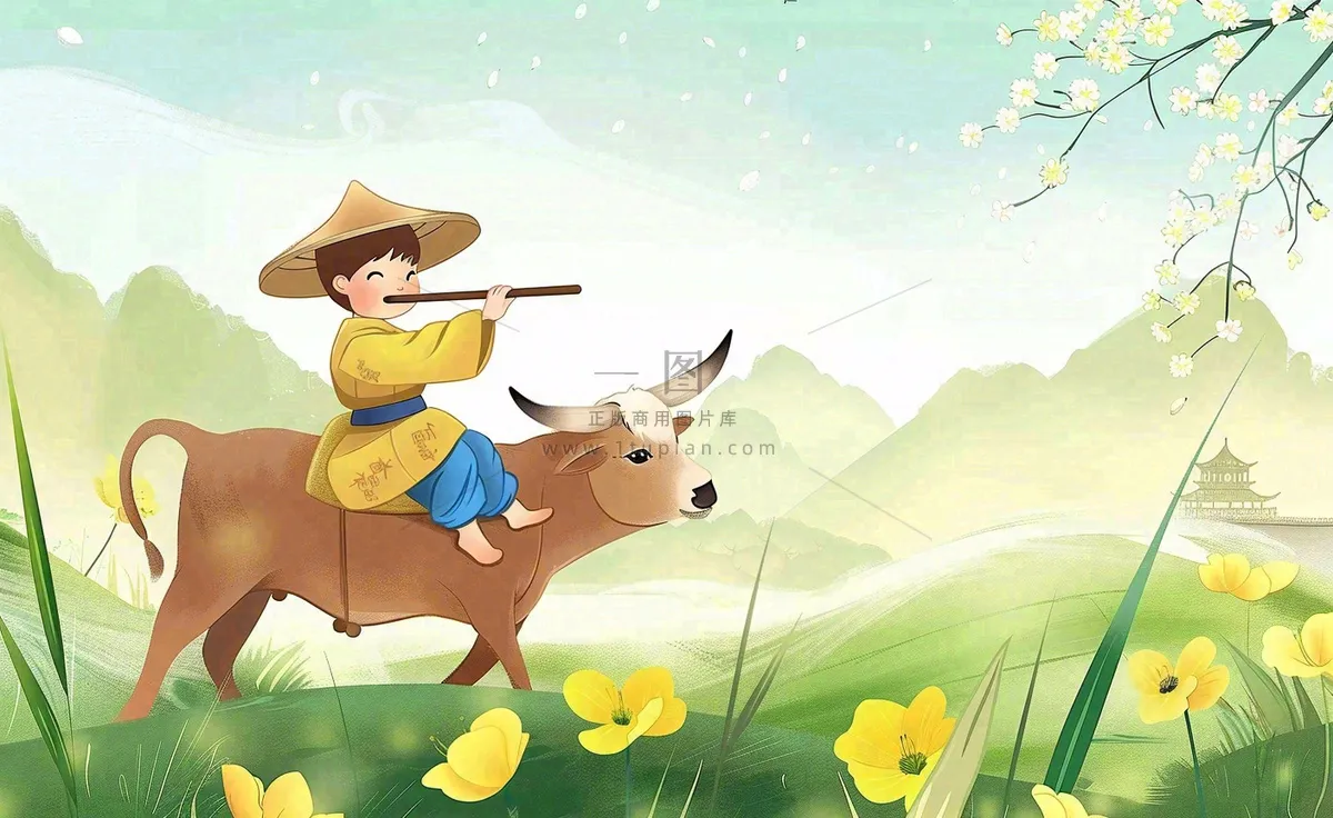 春天孩童放牛吹笛草地花丛出游清明时节卡通插画背景