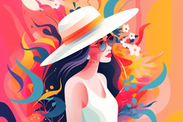 绚丽多彩戴帽子的女生背后的颜料色彩卡通插画